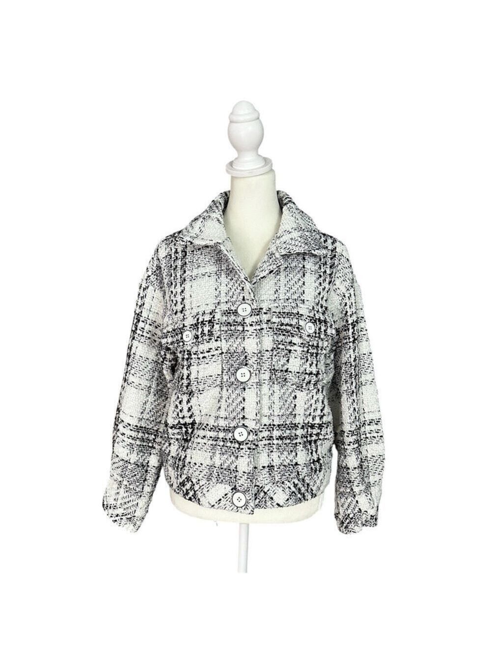 Cache Plaid Tweed Metallic Lined Button Up Jacket Black & White Size Medium